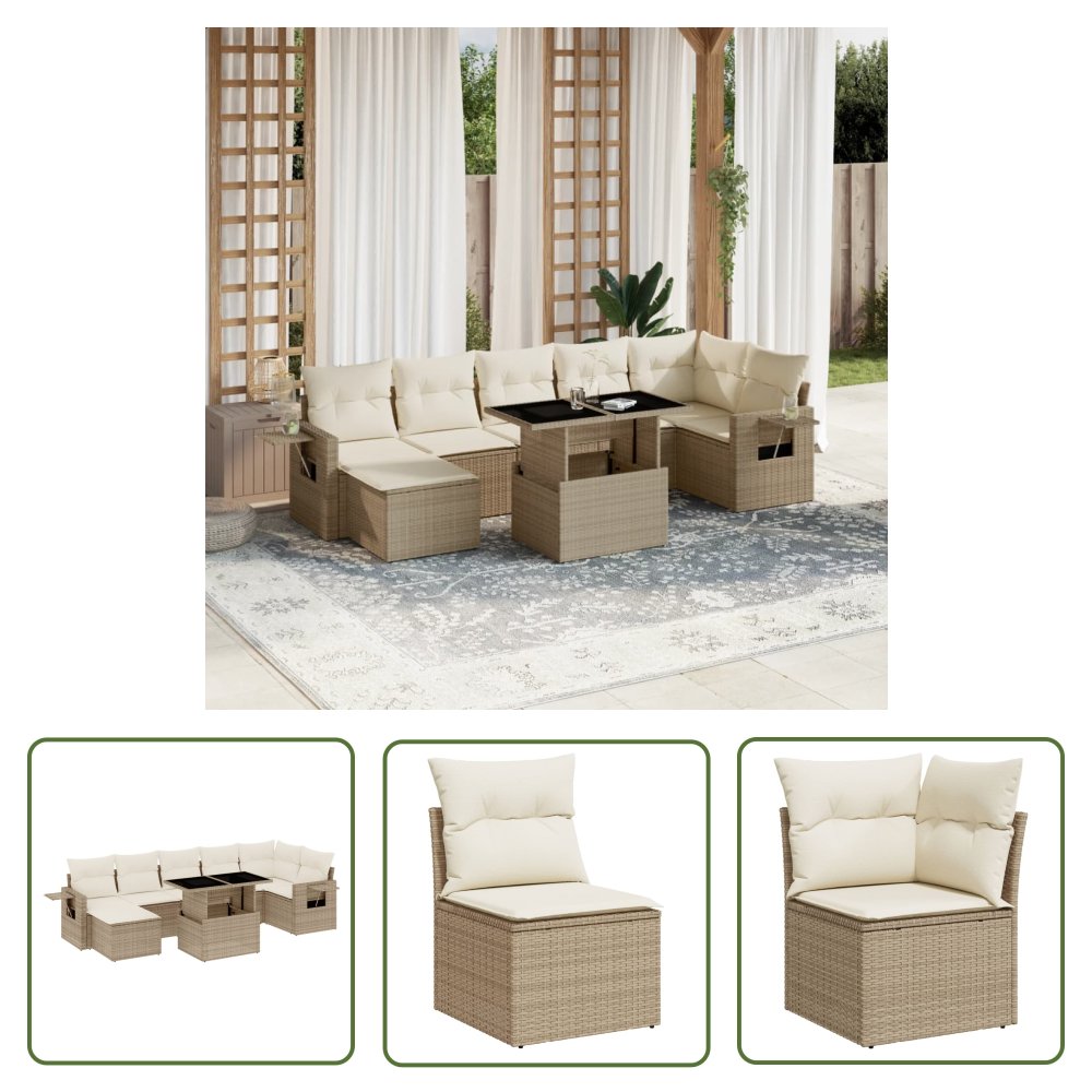 The Living Store 8-cz. zestaw mebli ogrodowych z poduszkami - beżowy - polirattan - Sofa Ogrodowa