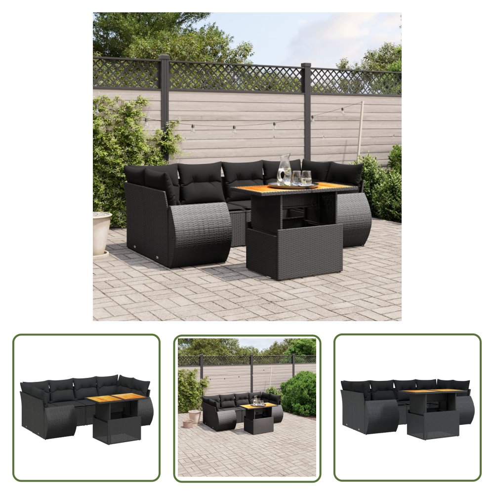 The Living Store 7-cz. zestaw wypoczynkowy do ogrodu - z poduszkami - czarny - Sofa Ogrodowa