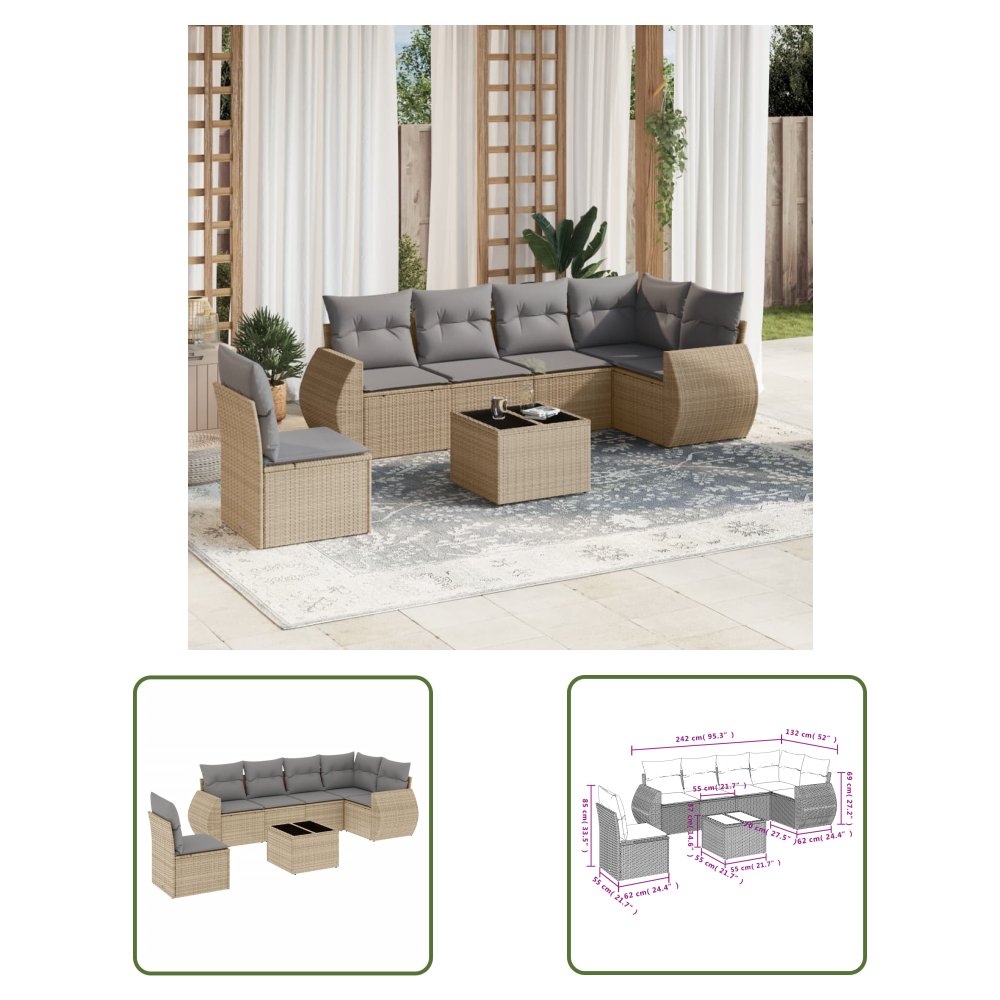 The Living Store 7-cz. zestaw wypoczynkowy do ogrodu - z poduszkami - beżowy - Sofa Ogrodowa