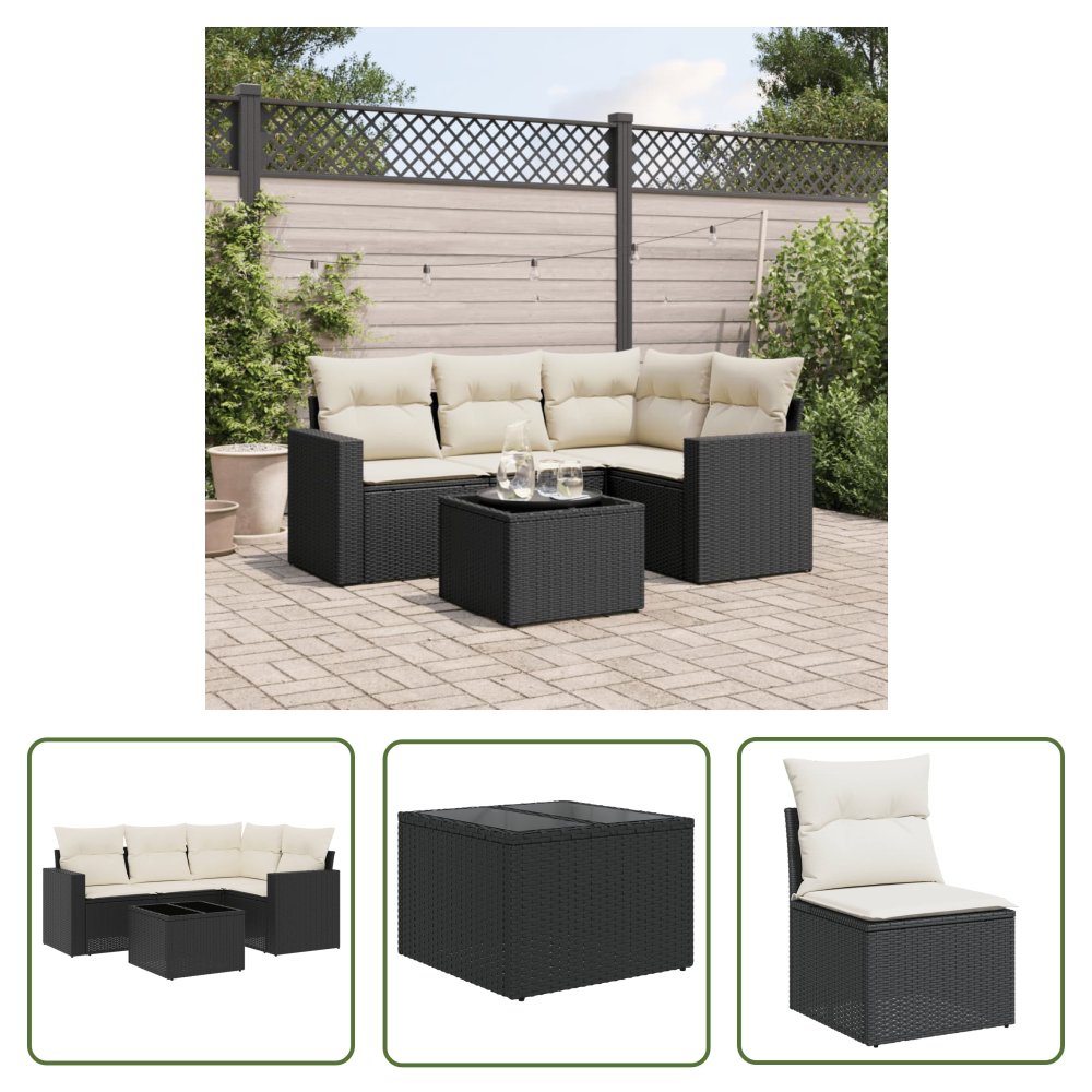 The Living Store 5-cz. zestaw wypoczynkowy do ogrodu - poduszki - czarny rattan PE - Sofa Ogrodowa