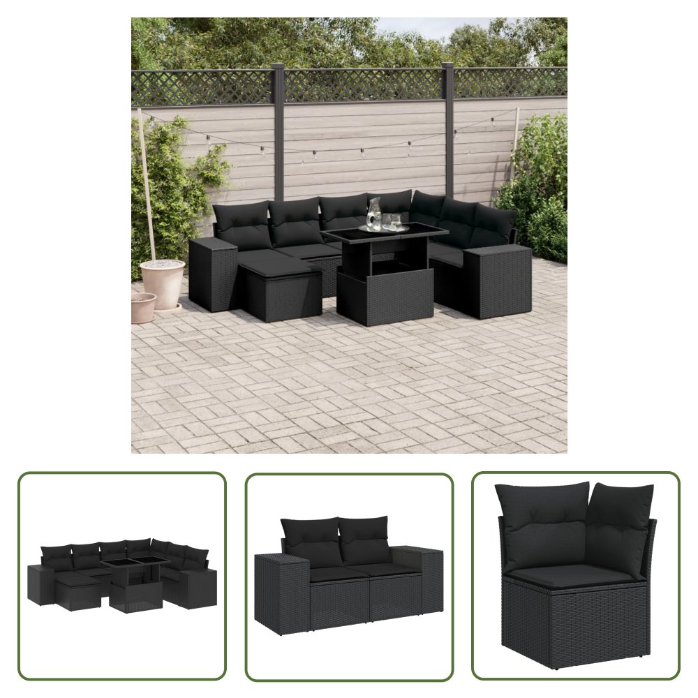 The Living Store 8-cz. zestaw wypoczynkowy do ogrodu - z poduszkami - czarny - Sofa Ogrodowa