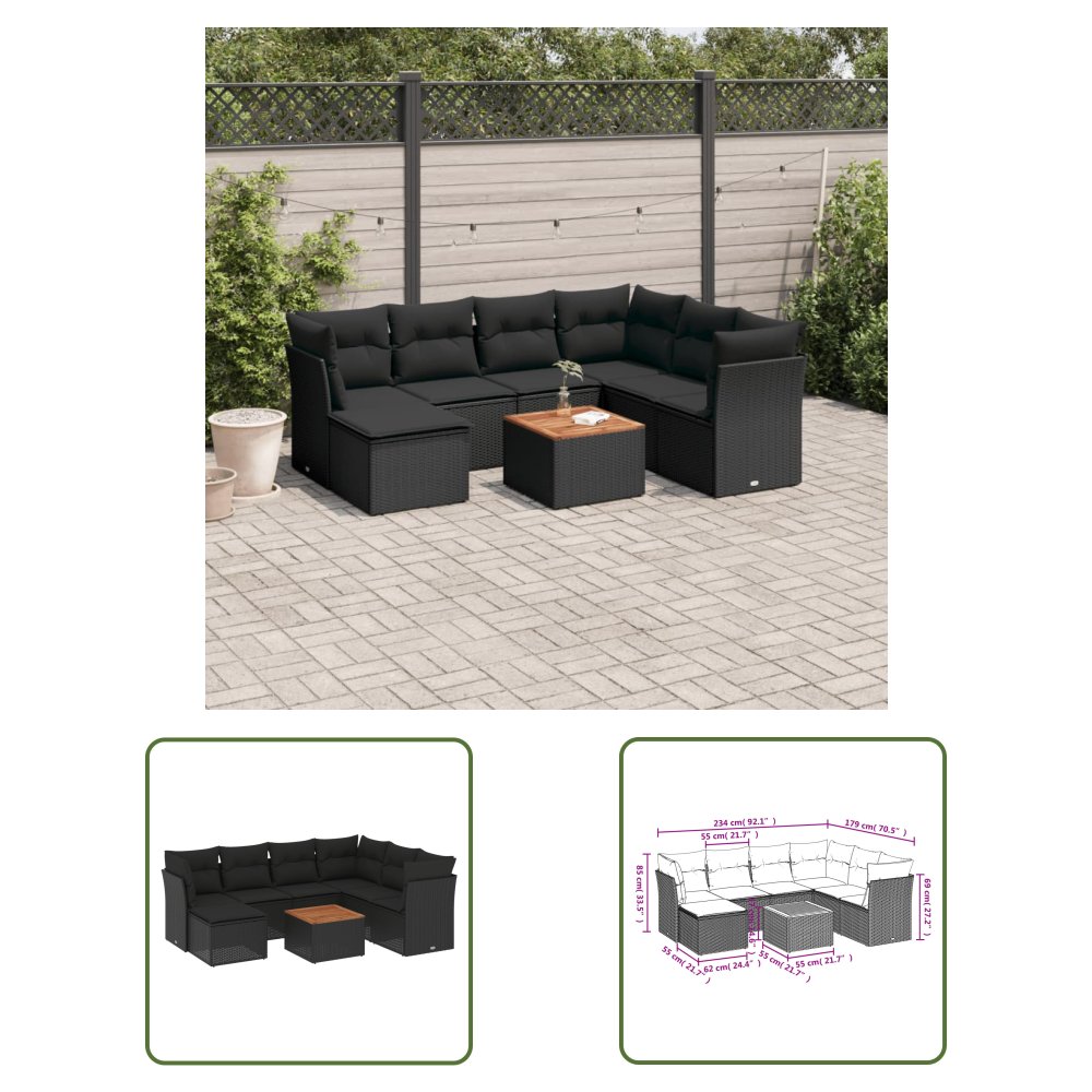 The Living Store 8-cz. zestaw wypoczynkowy do ogrodu - z poduszkami - czarny - Sofa Ogrodowa