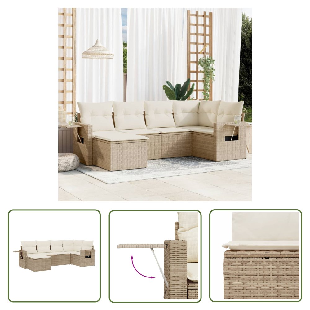 The Living Store 6-cz. zestaw mebli ogrodowych z poduszkami - beżowy - polirattan - Sofa Ogrodowa