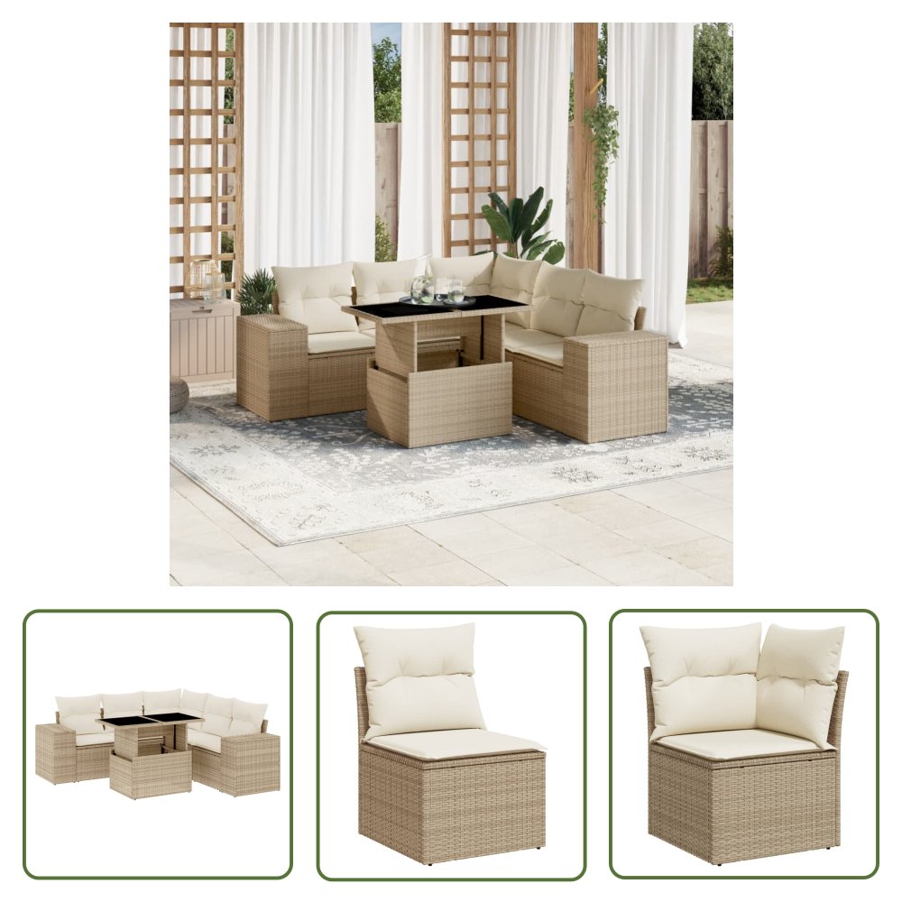 The Living Store 6-cz. zestaw mebli ogrodowych z poduszkami - beżowy - polirattan - Sofa Ogrodowa