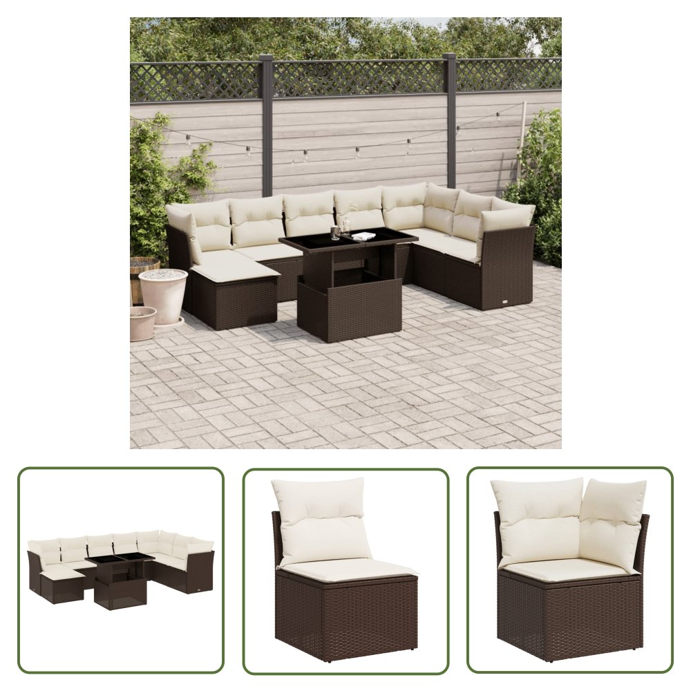 The Living Store 9-cz. zestaw mebli ogrodowych z poduszkami - brązowy - polirattan - Sofa Ogrodowa