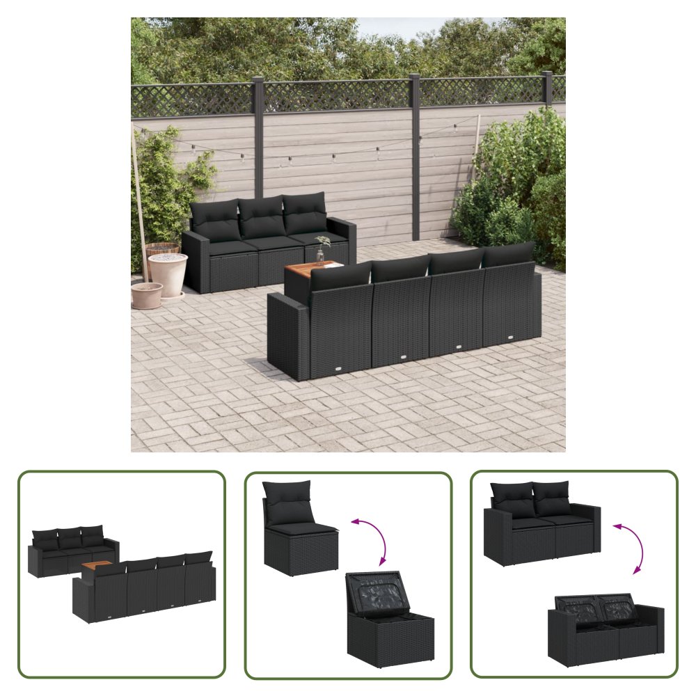 The Living Store 8-cz. zestaw wypoczynkowy do ogrodu - z poduszkami - czarny - Sofa Ogrodowa