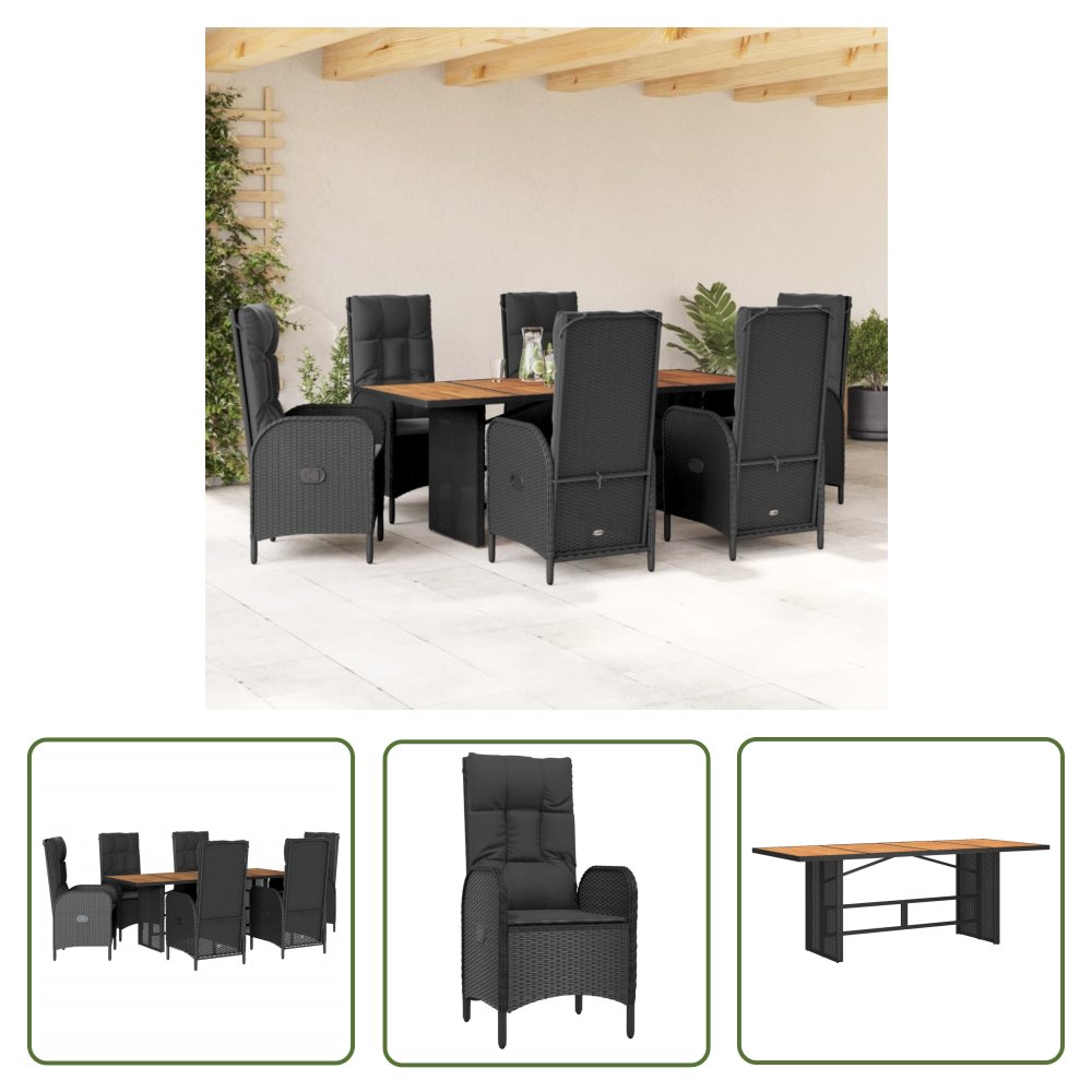 The Living Store 7-cz. zestaw mebli ogrodowych z poduszkami - czarny - polirattan - Meble Ogrodowe