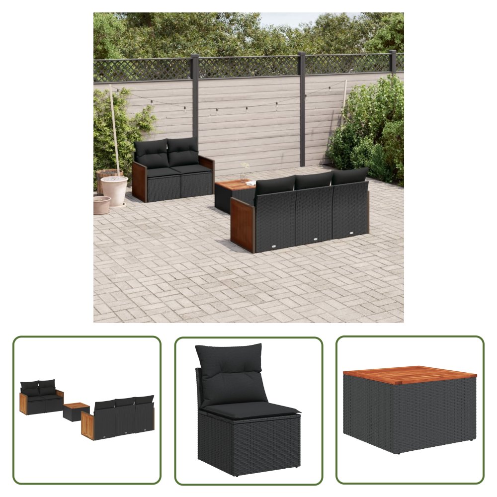 The Living Store 6-cz. zestaw mebli ogrodowych z poduszkami - czarny polirattan - Sofa Ogrodowa