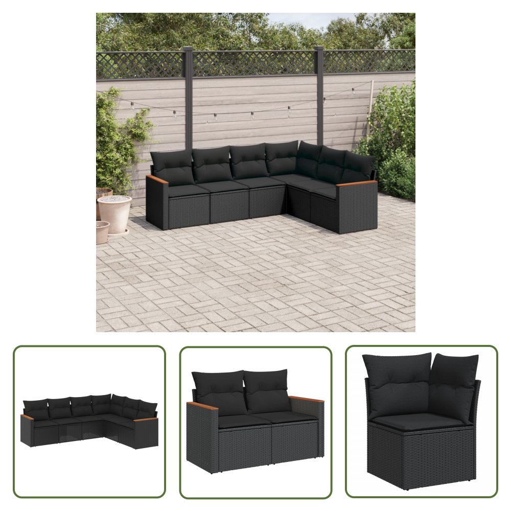 The Living Store 6-cz. zestaw mebli ogrodowych z poduszkami - czarny polirattan - Sofa Ogrodowa
