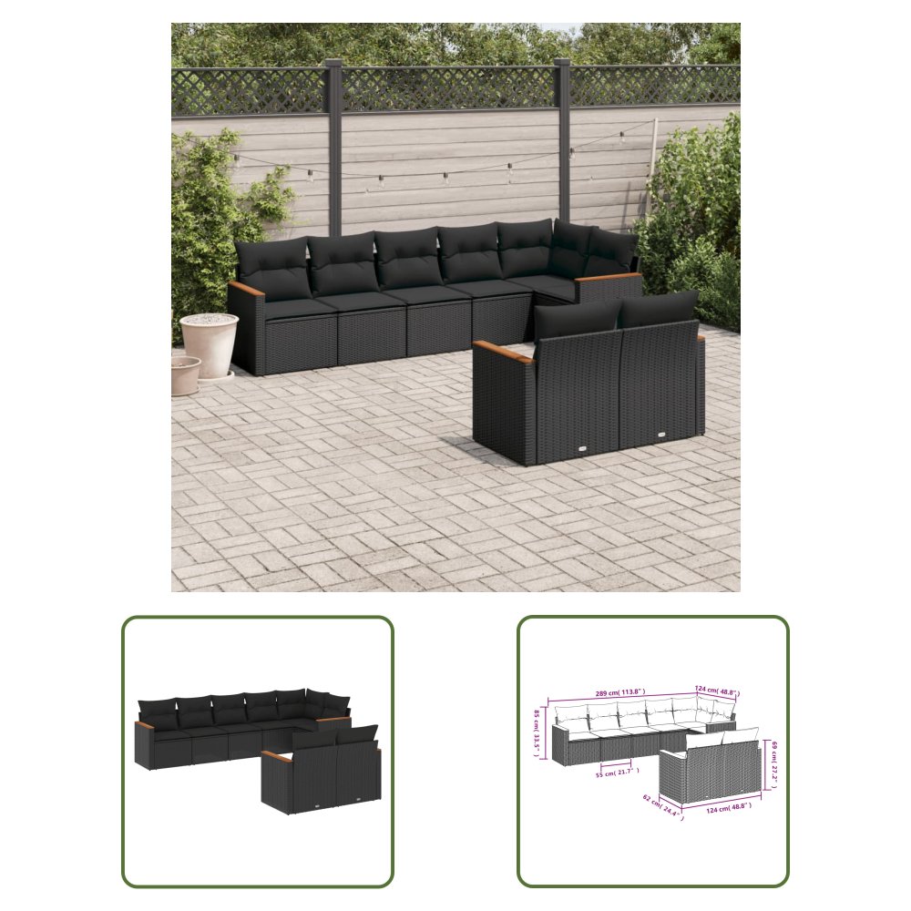The Living Store 8-cz. zestaw wypoczynkowy do ogrodu - z poduszkami - czarny - Sofa Ogrodowa