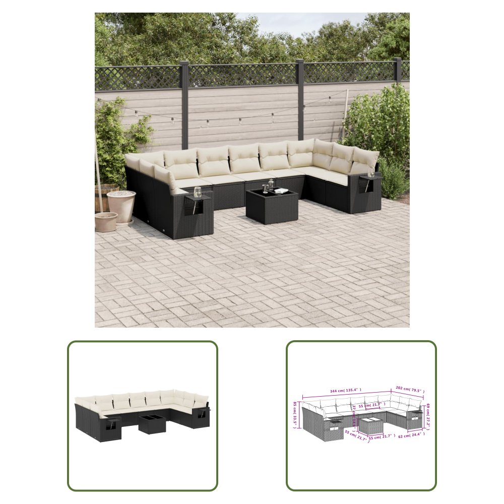 The Living Store 11-cz. zestaw wypoczynkowy do ogrodu - poduszki czarny rattan PE - Sofa Ogrodowa