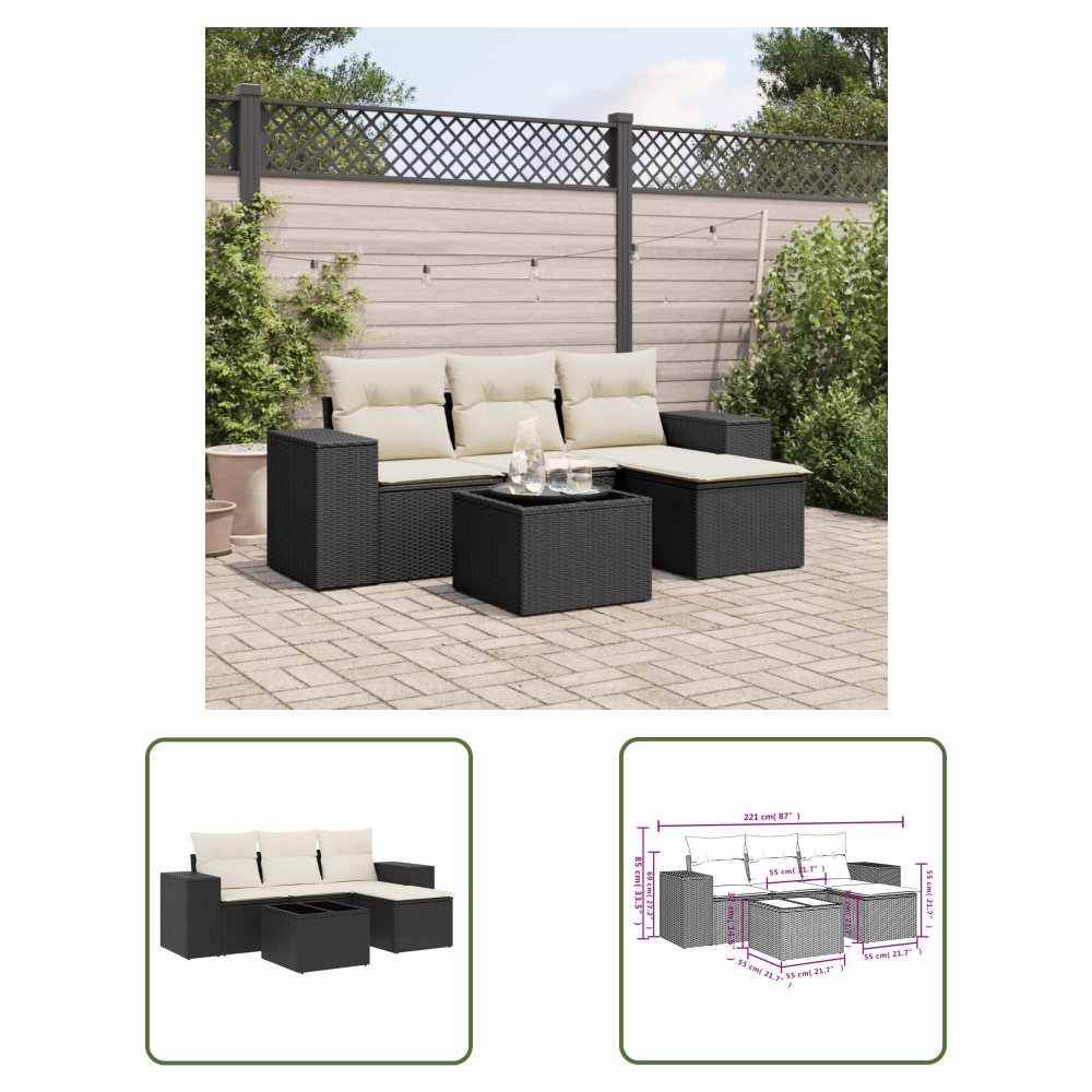The Living Store 5-cz. zestaw wypoczynkowy do ogrodu - poduszki - czarny rattan PE - Sofa Ogrodowa