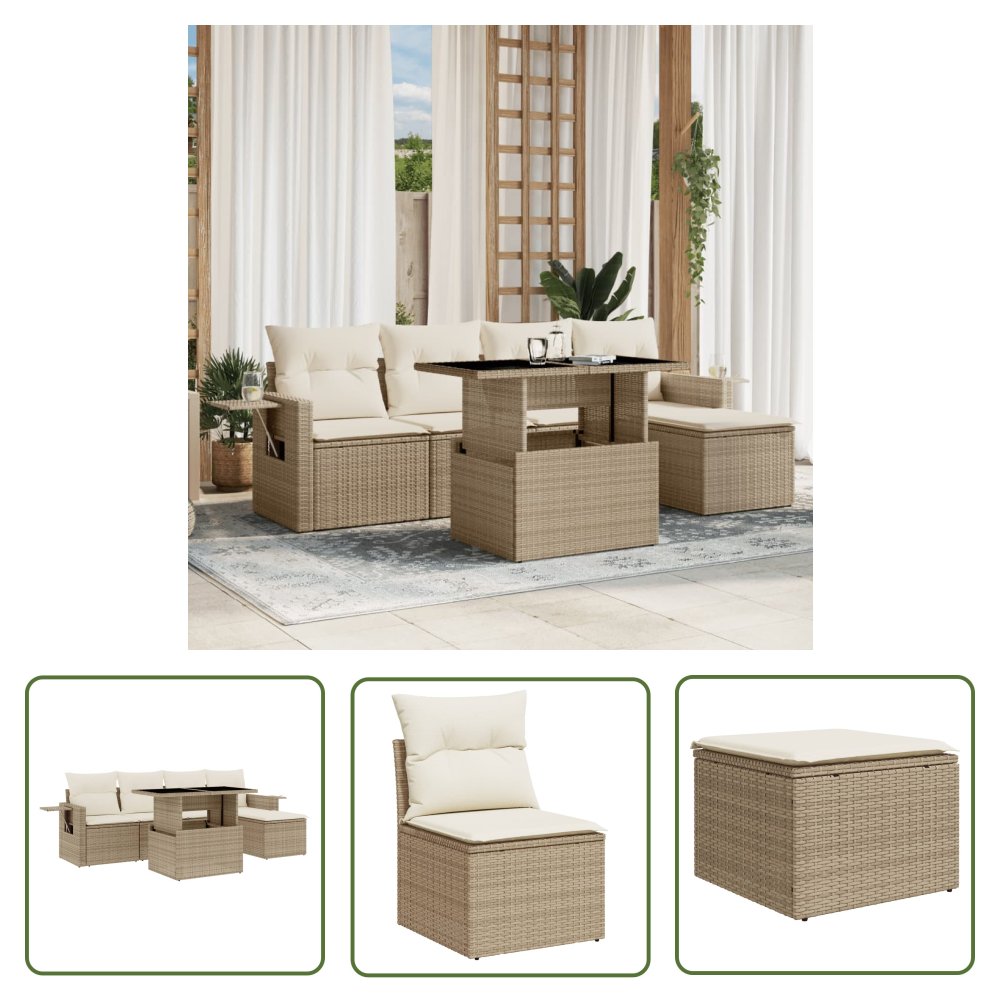 The Living Store 6-cz. zestaw mebli ogrodowych z poduszkami - beżowy - polirattan - Sofa Ogrodowa