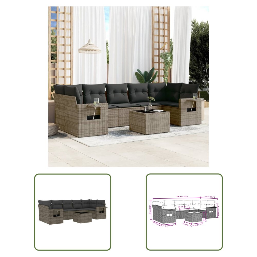 The Living Store 8-cz. zestaw mebli ogrodowych z poduszkami - szary - polirattan - Sofa Ogrodowa