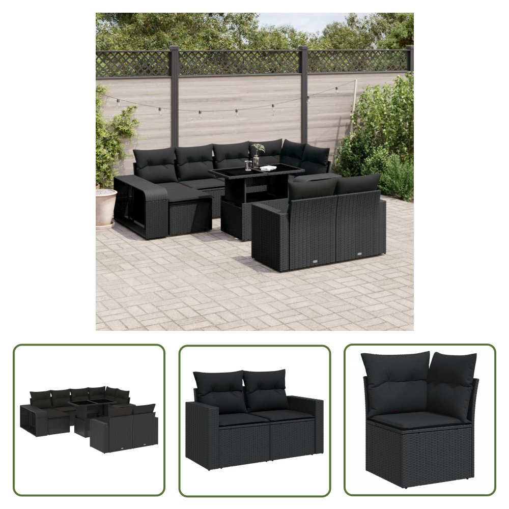 The Living Store 11-cz. zestaw wypoczynkowy do ogrodu - poduszki czarny rattan PE - Sofa Ogrodowa