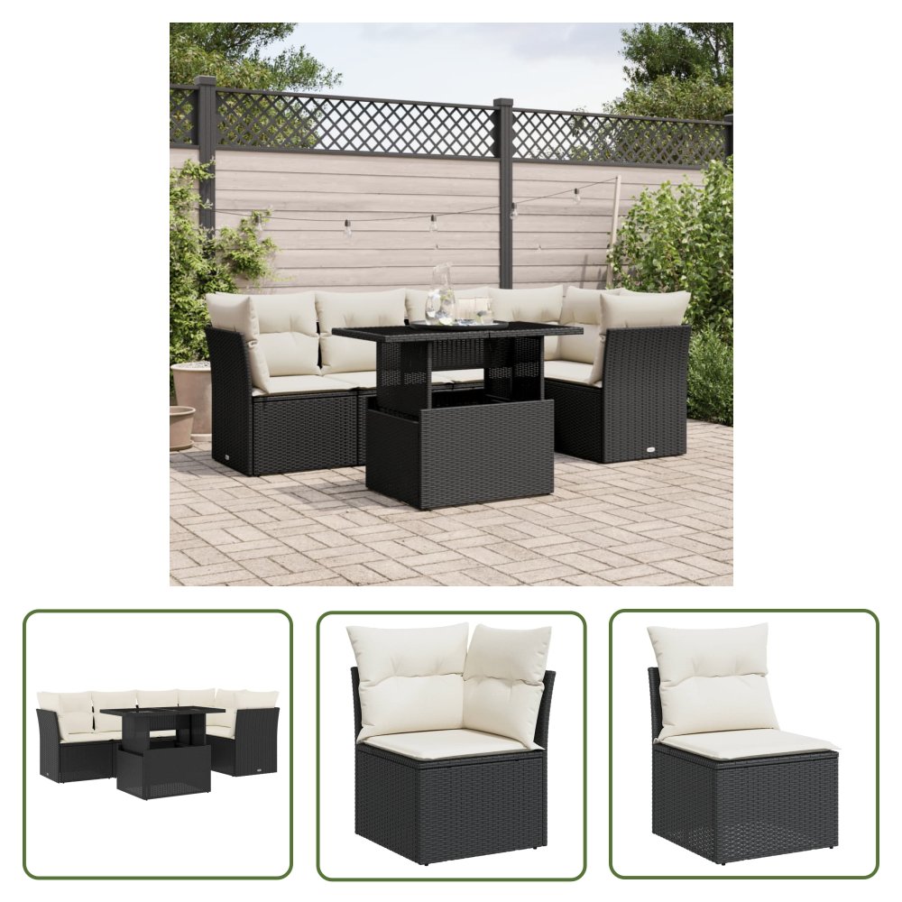 The Living Store 6-cz. zestaw mebli ogrodowych z poduszkami - czarny polirattan - Sofa Ogrodowa