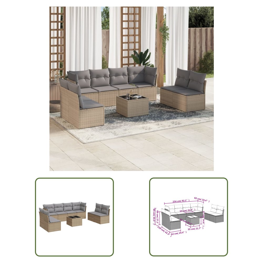 The Living Store 9-cz. zestaw mebli ogrodowych z poduszkami - beżowy - polirattan - Sofa Ogrodowa