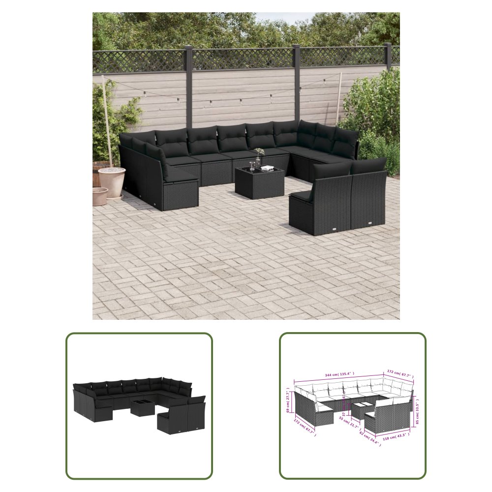 The Living Store 13-cz. zestaw mebli do ogrodu - poduszki - czarny - rattan PE - Sofa Ogrodowa