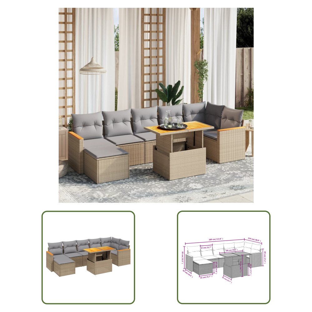 The Living Store 8-cz. zestaw mebli ogrodowych z poduszkami - beżowy - polirattan - Sofa Ogrodowa