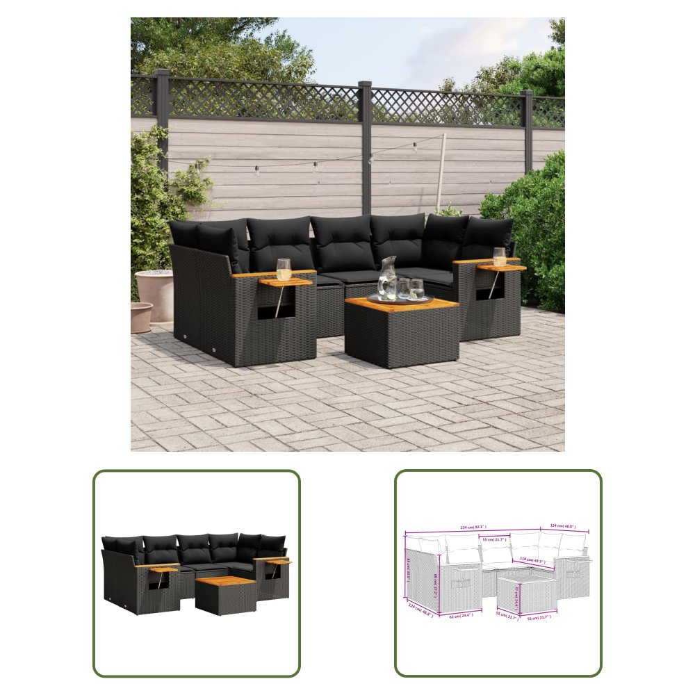 The Living Store 7-cz. zestaw wypoczynkowy do ogrodu - z poduszkami - czarny - Sofa Ogrodowa