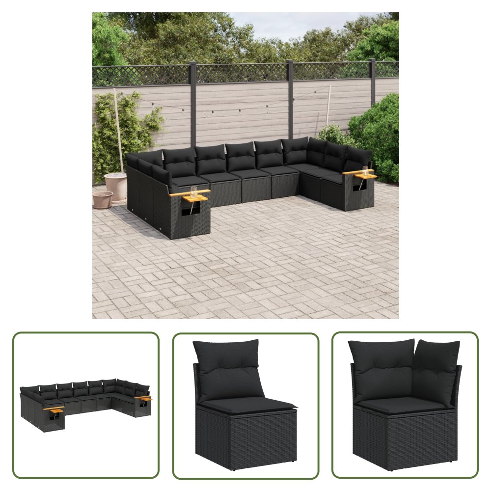 The Living Store 10-cz. zestaw wypoczynkowy do ogrodu - poduszki czarny rattan PE - Sofa Ogrodowa