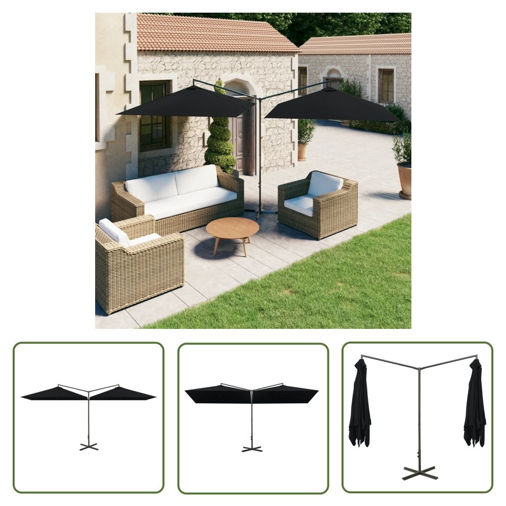 The Living Store Podwójny parasol ogrodowy - stalowy słupek - czarny - 600x300 cm - Parasol Ogrodowy