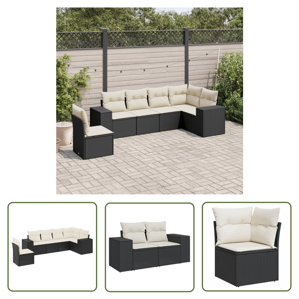 The Living Store 6-cz. zestaw mebli ogrodowych z poduszkami - czarny polirattan - Sofa Ogrodowa