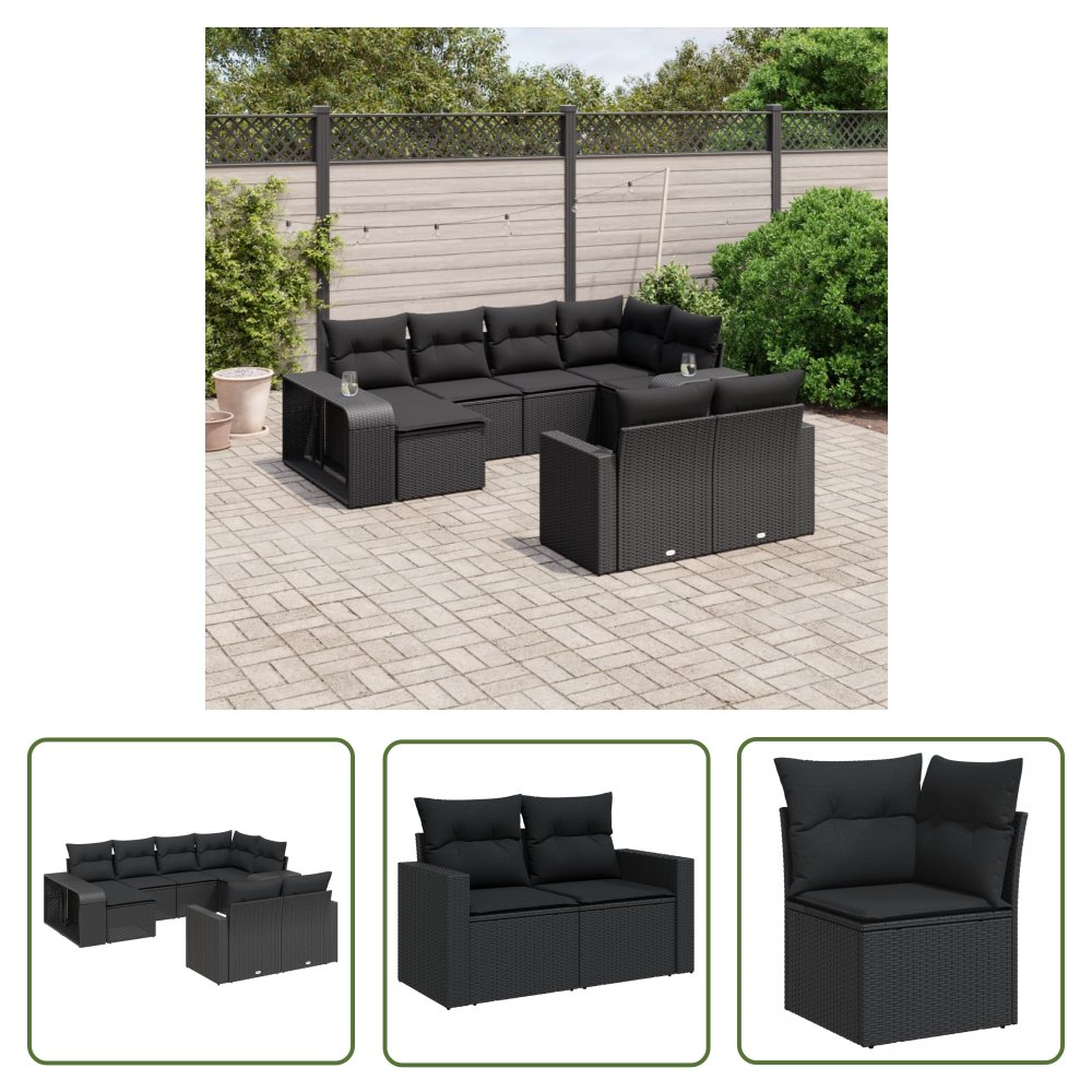 The Living Store 10-cz. zestaw wypoczynkowy do ogrodu - poduszki czarny rattan PE - Sofa Ogrodowa