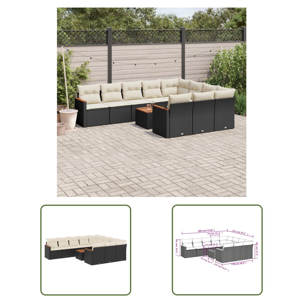 The Living Store 11-cz. zestaw wypoczynkowy do ogrodu - poduszki czarny rattan PE - Sofa Ogrodowa