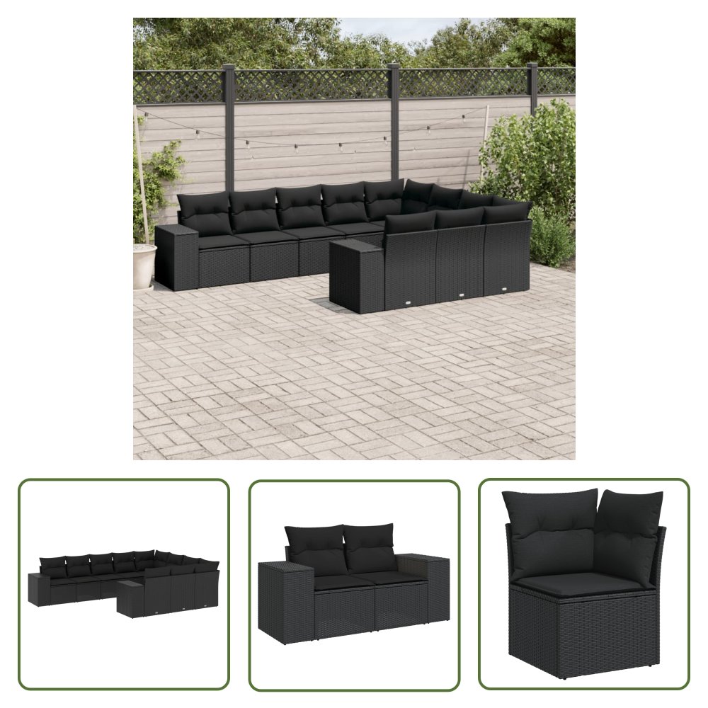 The Living Store 10-cz. zestaw wypoczynkowy do ogrodu - poduszki czarny rattan PE - Sofa Ogrodowa