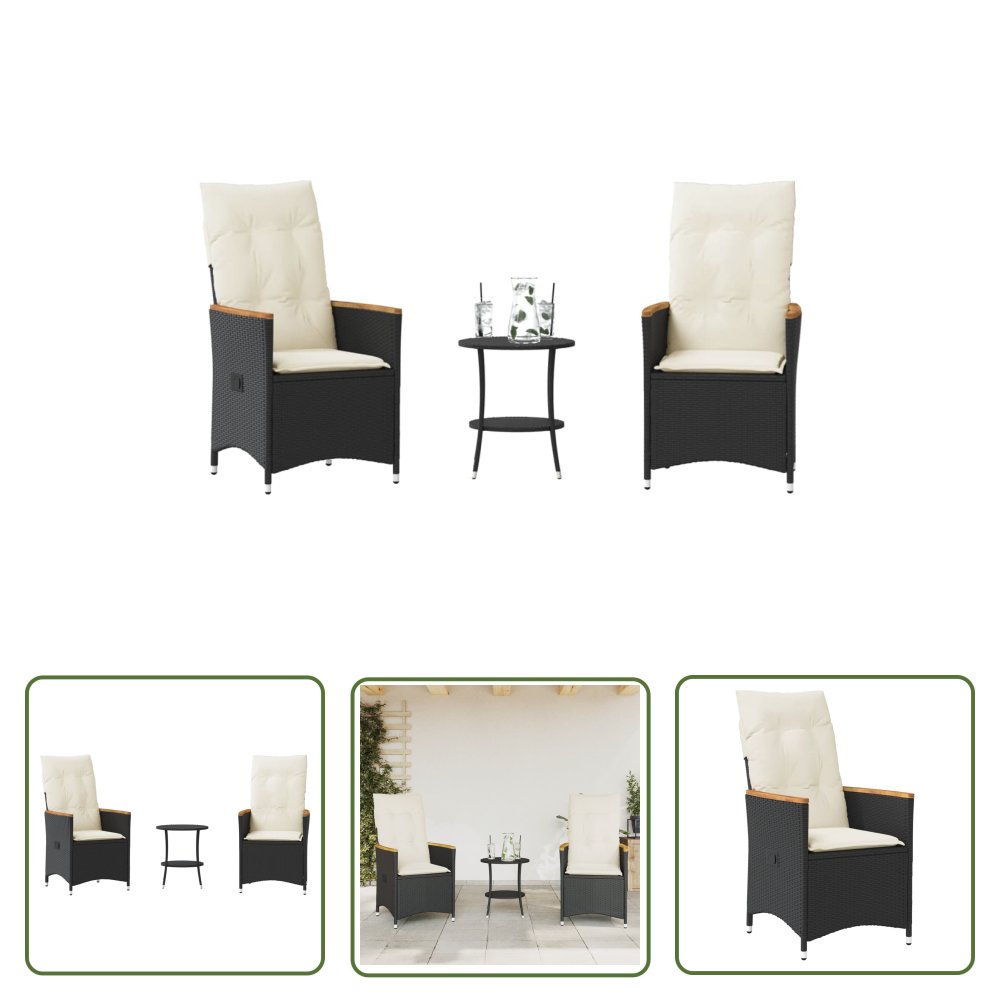 The Living Store 3-cz. zestaw mebli bistro z poduszkami - czarny - polirattan - Meble Ogrodow