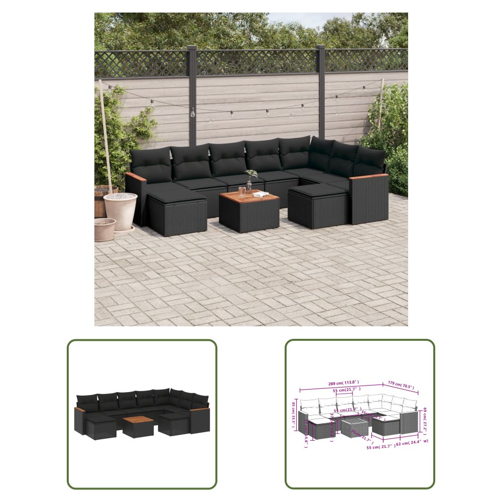 The Living Store 10-cz. zestaw wypoczynkowy do ogrodu - poduszki czarny rattan PE - Sofa Ogrodowa