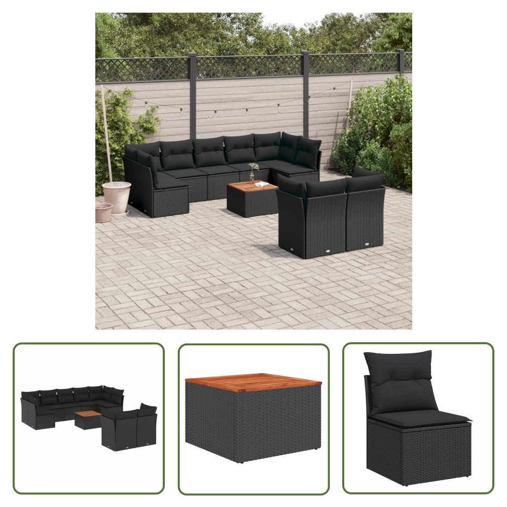 The Living Store 10-cz. zestaw wypoczynkowy do ogrodu - poduszki czarny rattan PE - Sofa Ogrodowa