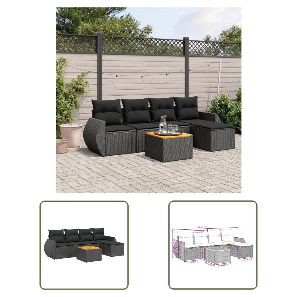 The Living Store 6-cz. zestaw mebli ogrodowych z poduszkami - czarny polirattan - Sofa Ogrodowa