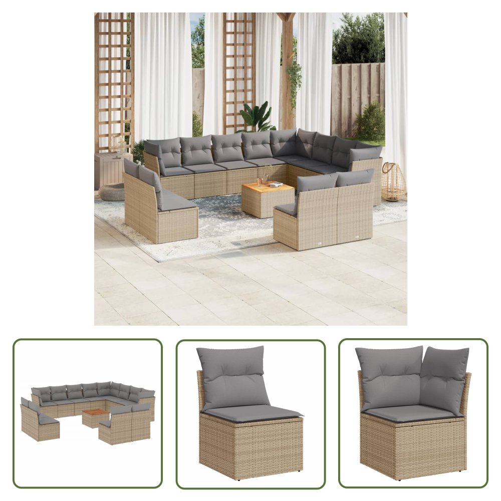 The Living Store 13-cz. zestaw mebli ogrodowych z poduszkami - mieszany beż - Sofa Ogrodowa