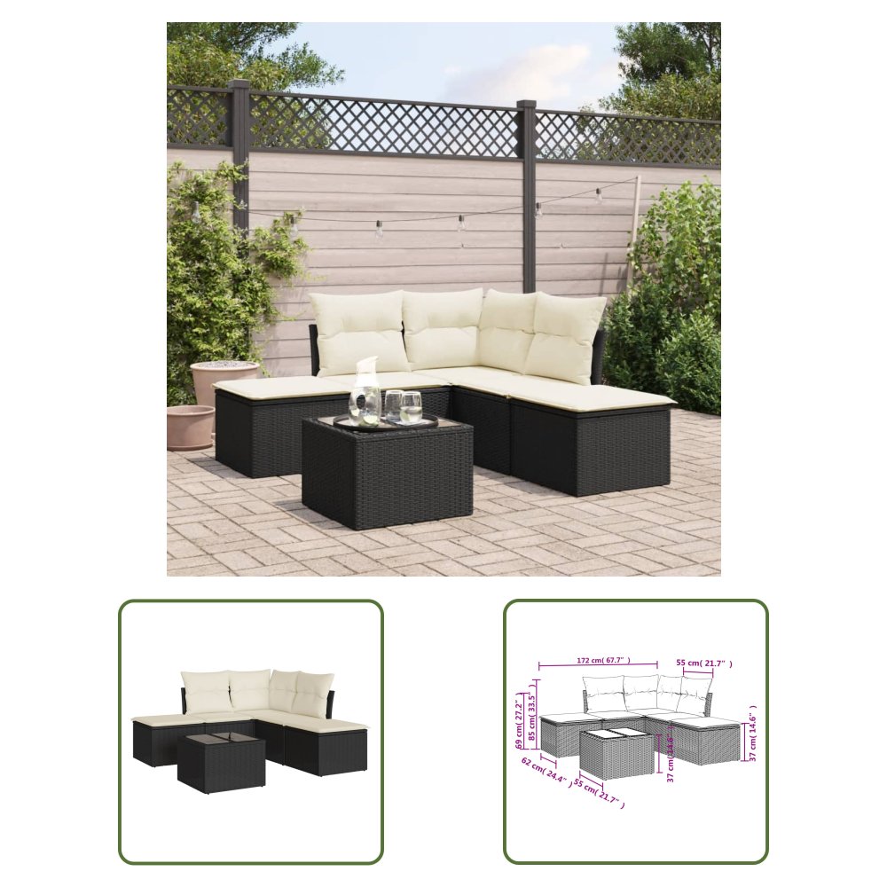 The Living Store 6-cz. zestaw mebli ogrodowych z poduszkami - czarny polirattan - Sofa Ogrodowa