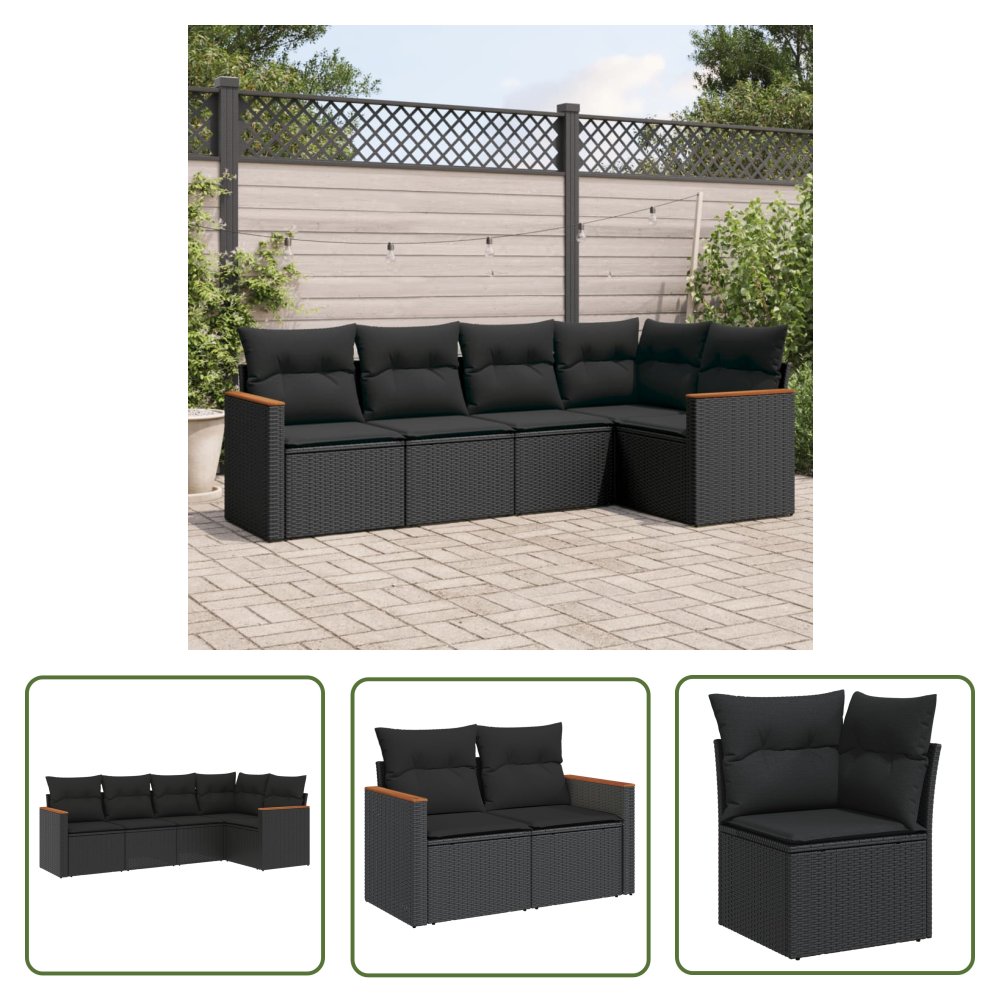 The Living Store 5-cz. zestaw wypoczynkowy do ogrodu - poduszki - czarny rattan PE - Sofa Ogrodowa