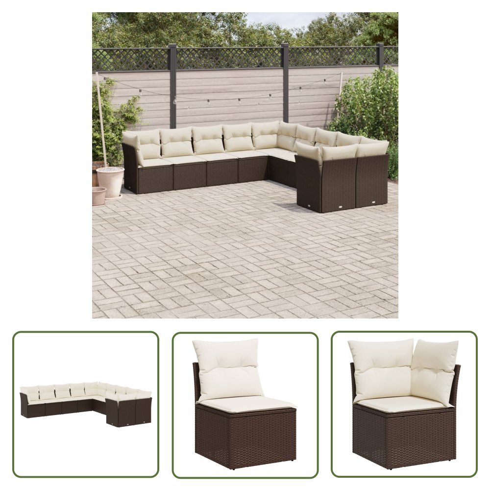 The Living Store 10-cz. zestaw mebli ogrodowych z poduszkami - brązowy polirattan - Sofa Ogrodowa