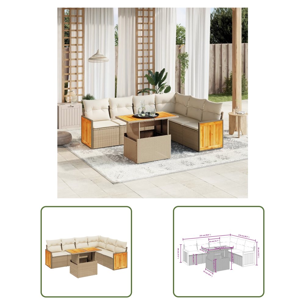 The Living Store 7-cz. zestaw wypoczynkowy do ogrodu - z poduszkami - beżowy - Sofa Ogrodowa