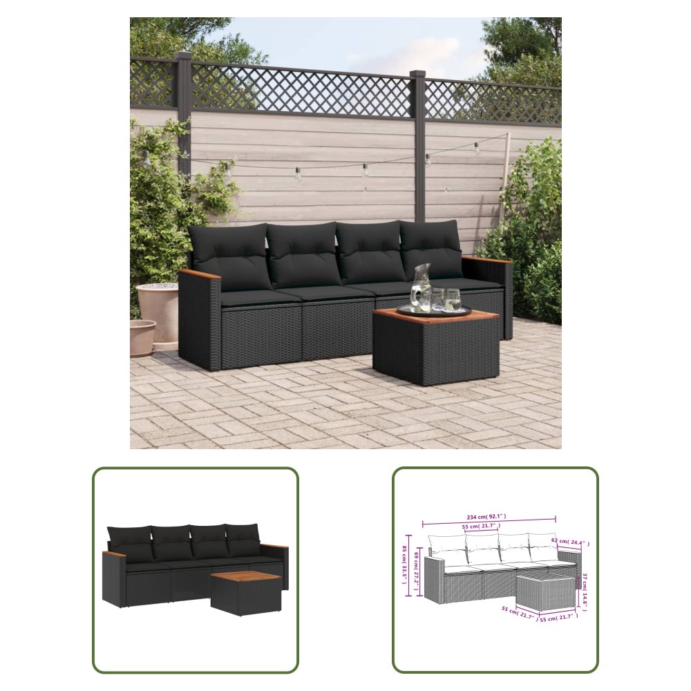 The Living Store 5-cz. zestaw wypoczynkowy do ogrodu - poduszki - czarny rattan PE - Sofa Ogrodowa