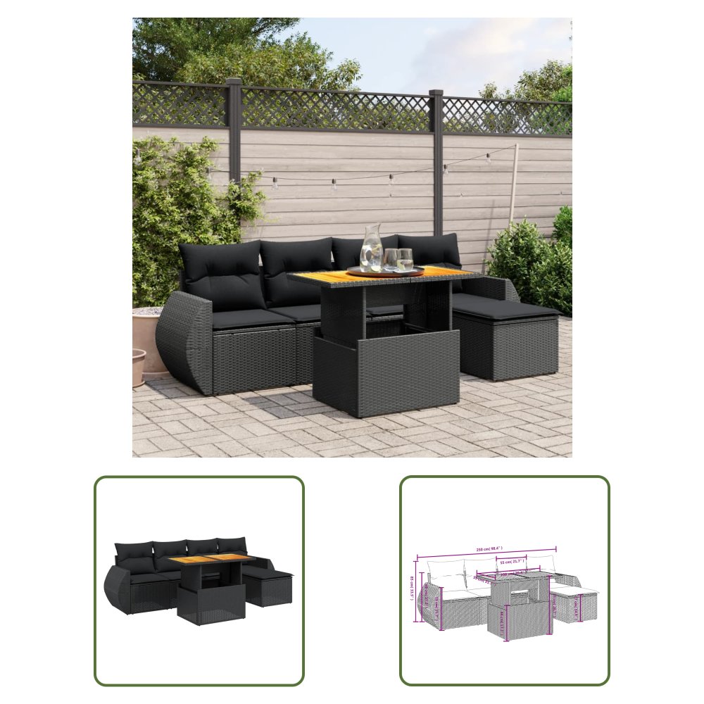 The Living Store 6-cz. zestaw mebli ogrodowych z poduszkami - czarny polirattan - Sofa Ogrodowa