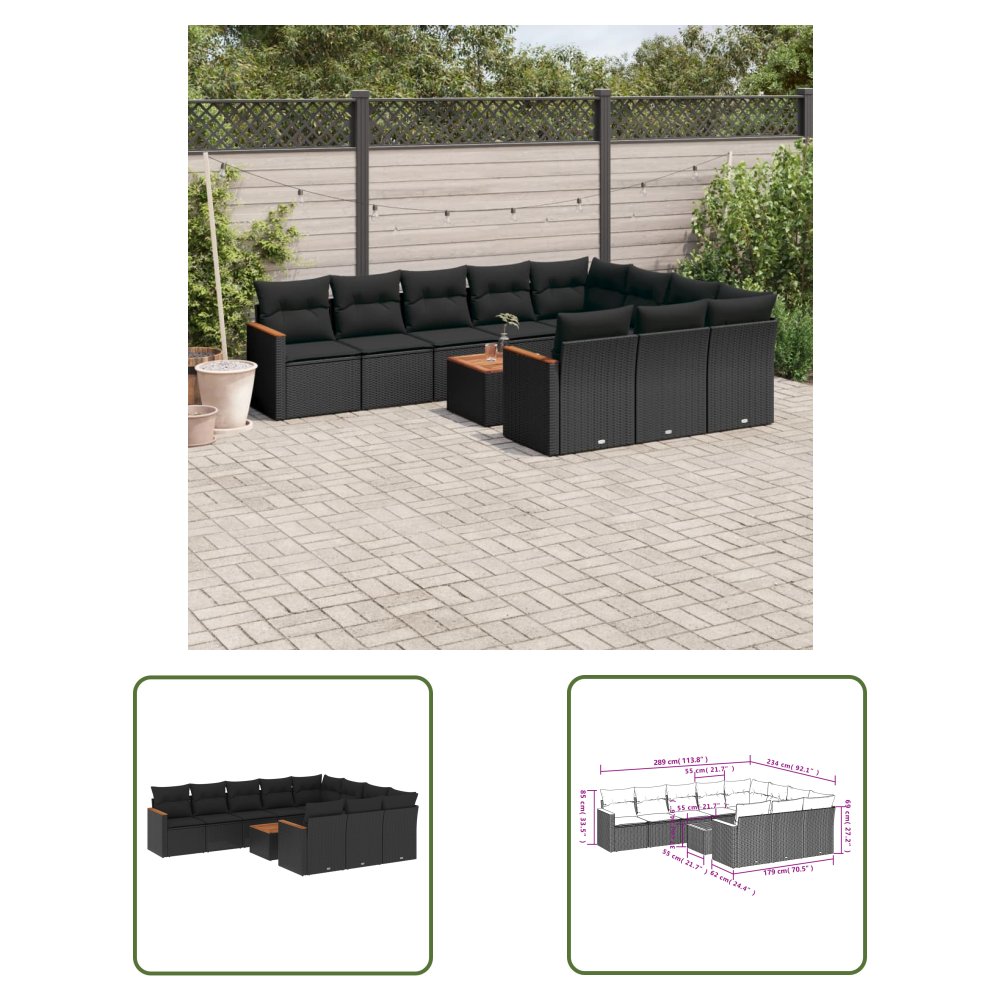 The Living Store 11-cz. zestaw wypoczynkowy do ogrodu - poduszki czarny rattan PE - Sofa Ogrodowa