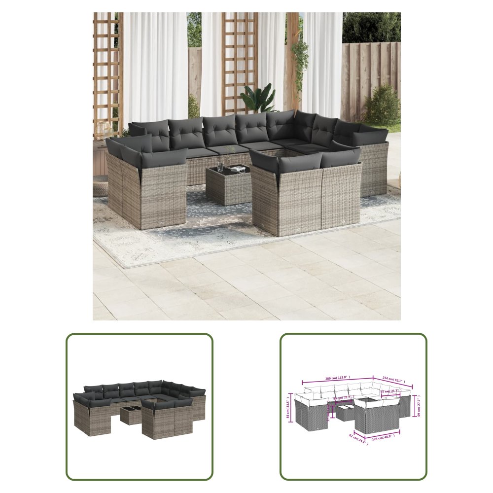 The Living Store 13-cz. zestaw mebli ogrodowych z poduszkami - szary - polirattan - Sofa Ogrodowa