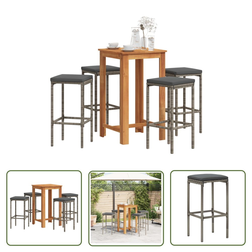 The Living Store 5-cz zestaw mebli barowych do ogrodu - szary - akacja i rattan PE - Zestaw Mebli Barowych