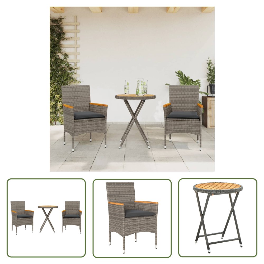 The Living Store 3-cz. zestaw bistro z poduszkami - szary - polirattan i akacja - Meble Ogrodow