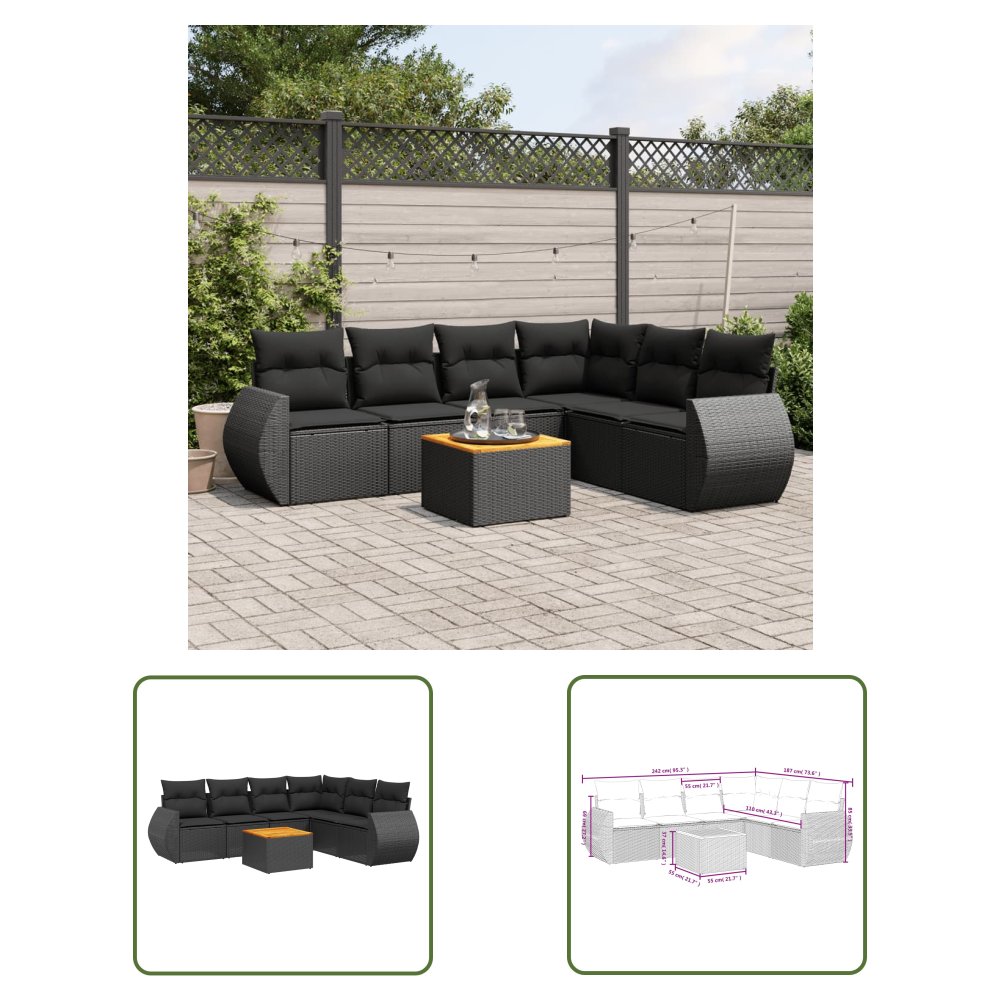 The Living Store 7-cz. zestaw wypoczynkowy do ogrodu - z poduszkami - czarny - Sofa Ogrodowa