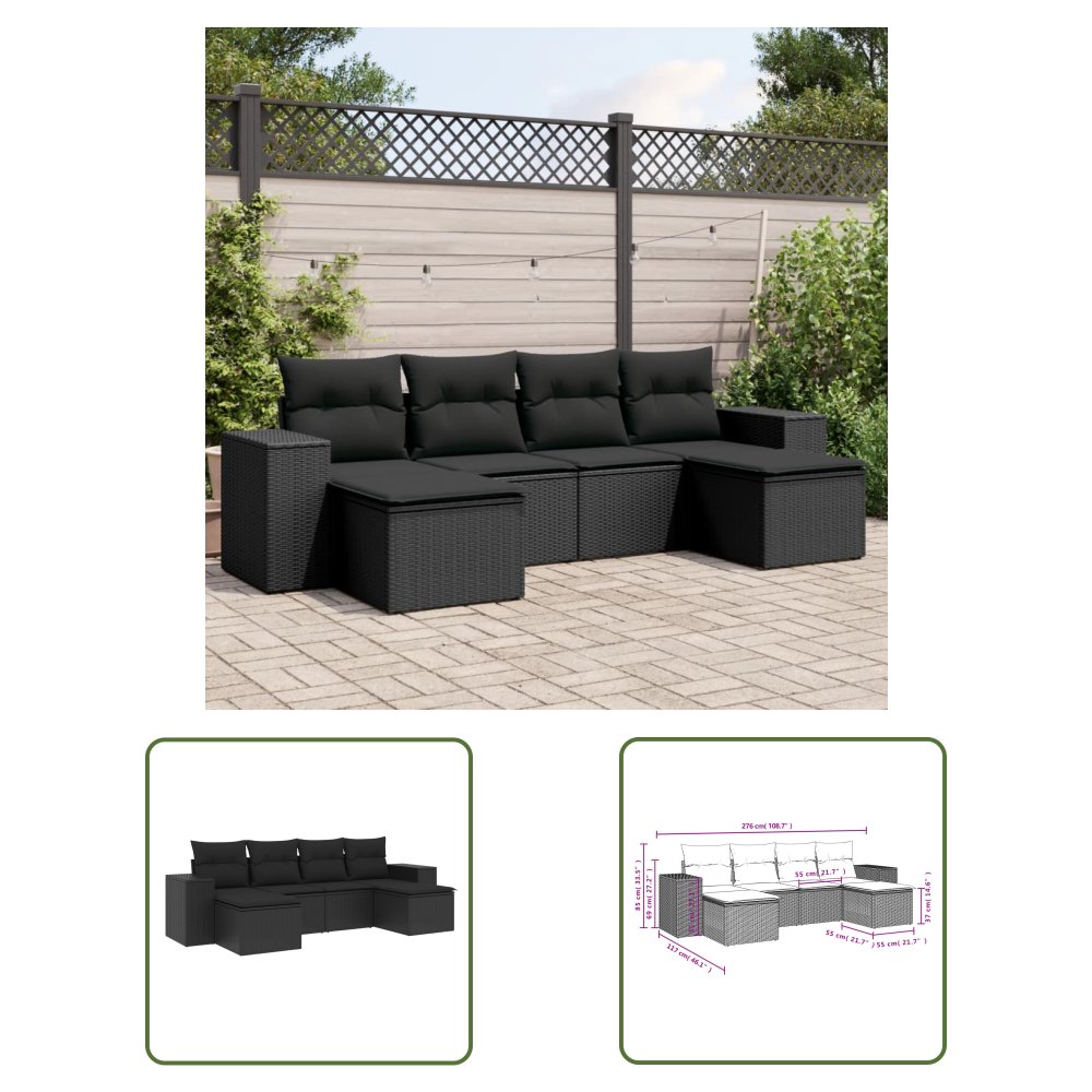 The Living Store 6-cz. zestaw mebli ogrodowych z poduszkami - czarny polirattan - Sofa Ogrodowa