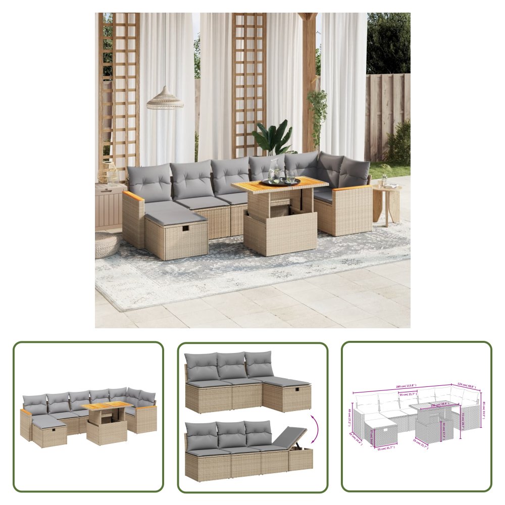 The Living Store 8-cz. zestaw mebli ogrodowych z poduszkami - beżowy - polirattan - Sofa Ogrodowa