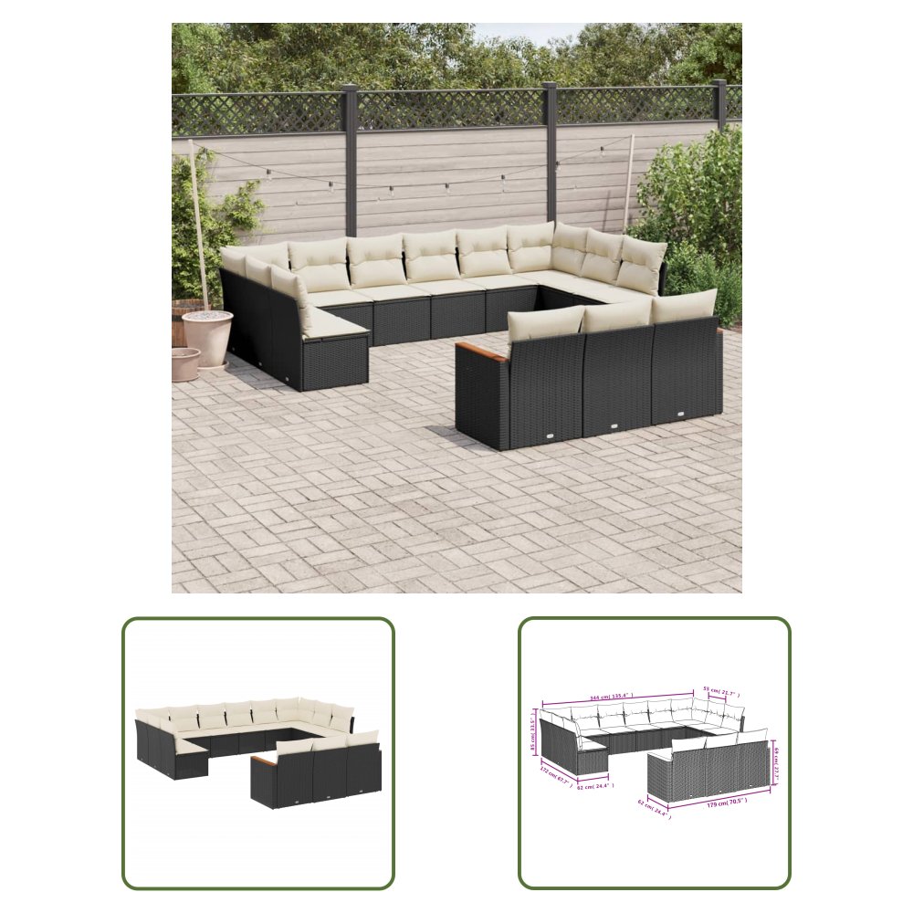 The Living Store 13-cz. zestaw mebli do ogrodu - poduszki - czarny - rattan PE - Sofa Ogrodowa