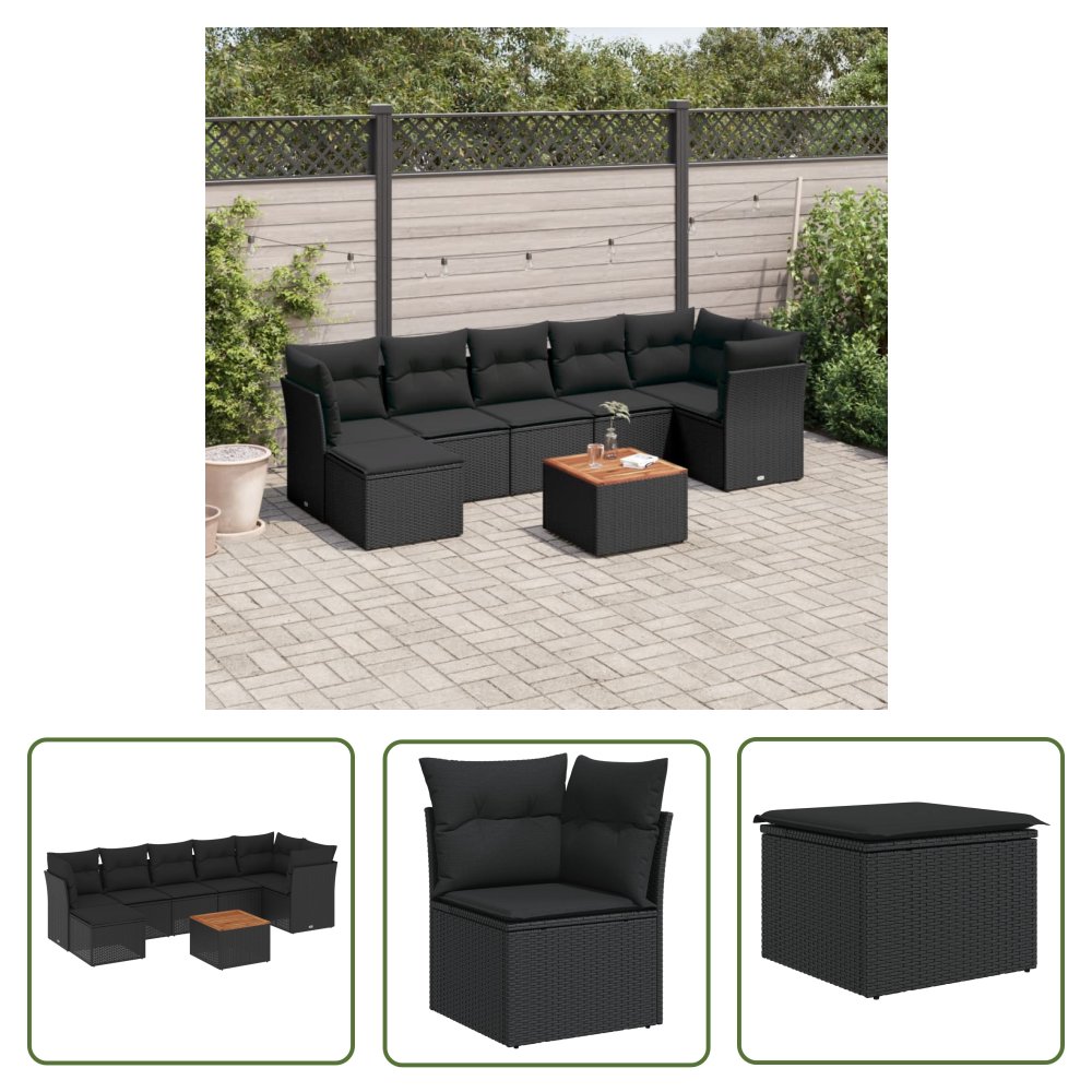 The Living Store 8-cz. zestaw wypoczynkowy do ogrodu - z poduszkami - czarny - Sofa Ogrodowa